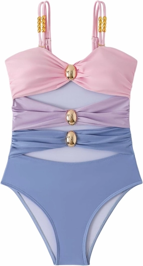 Verdusa Women's Cut Out Colorblock One Piece Swimsuit Ruched Swimwear Bathing Suit