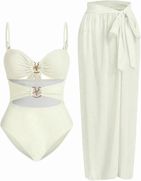 Verdusa Women's Cut Out One Piece Backless Wireless Swimsuit with Cover Up Skirt