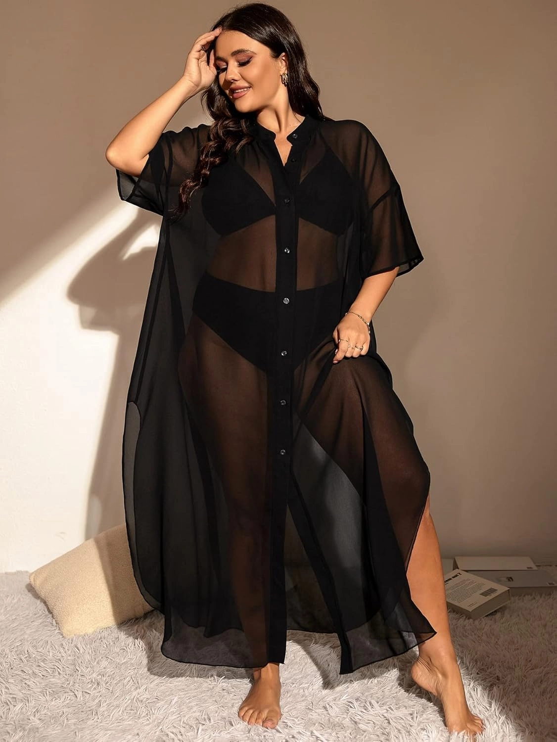 Verdusa Women's Plus Size Sheer Mesh Half Sleeve Loose Swimsuit Maxi Dress Cover Up