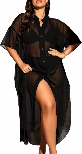 Verdusa Women's Plus Size Sheer Mesh Half Sleeve Loose Swimsuit Maxi Dress Cover Up