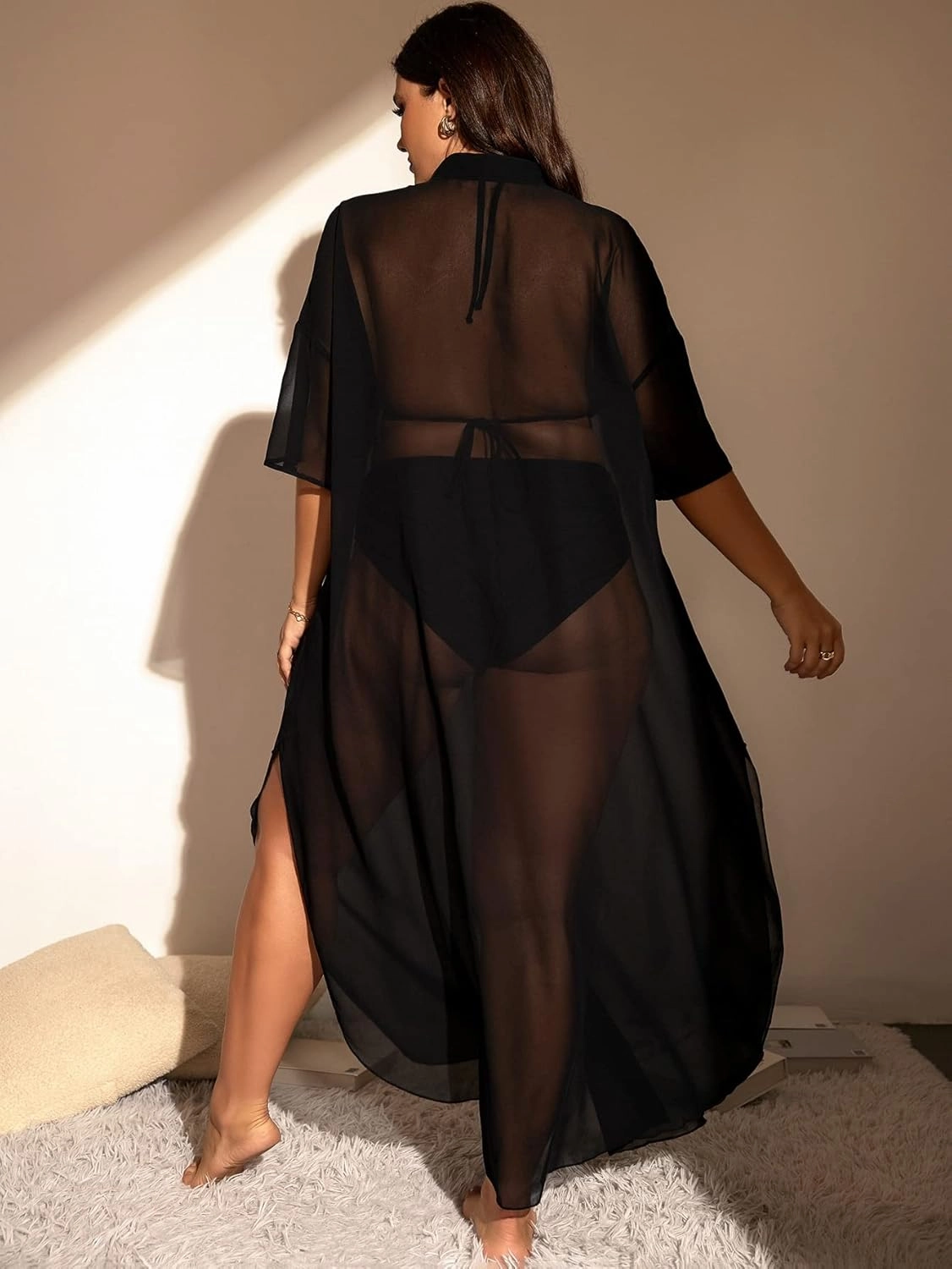 Verdusa Women's Plus Size Sheer Mesh Half Sleeve Loose Swimsuit Maxi Dress Cover Up