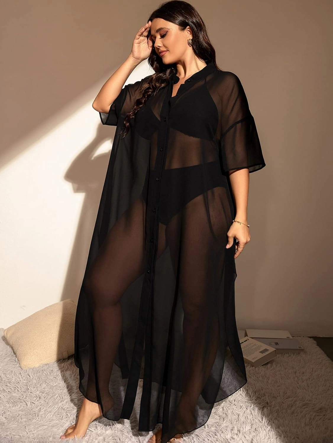 Verdusa Women's Plus Size Sheer Mesh Half Sleeve Loose Swimsuit Maxi Dress Cover Up