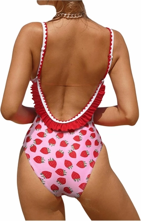 Verdusa Women's Ruffled Open Back Spaghetti Strap One Piece Swimsuit Swimwear