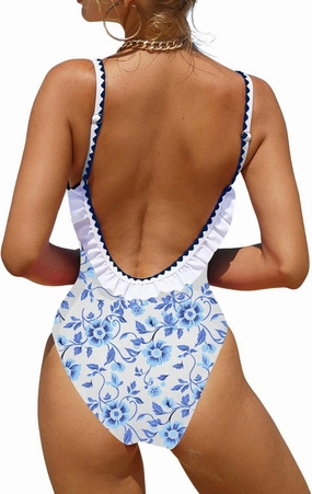 Verdusa Women's Ruffled Open Back Spaghetti Strap One Piece Swimsuit Swimwear