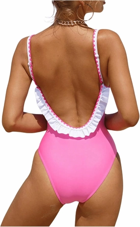 Verdusa Women's Ruffled Open Back Spaghetti Strap One Piece Swimsuit Swimwear