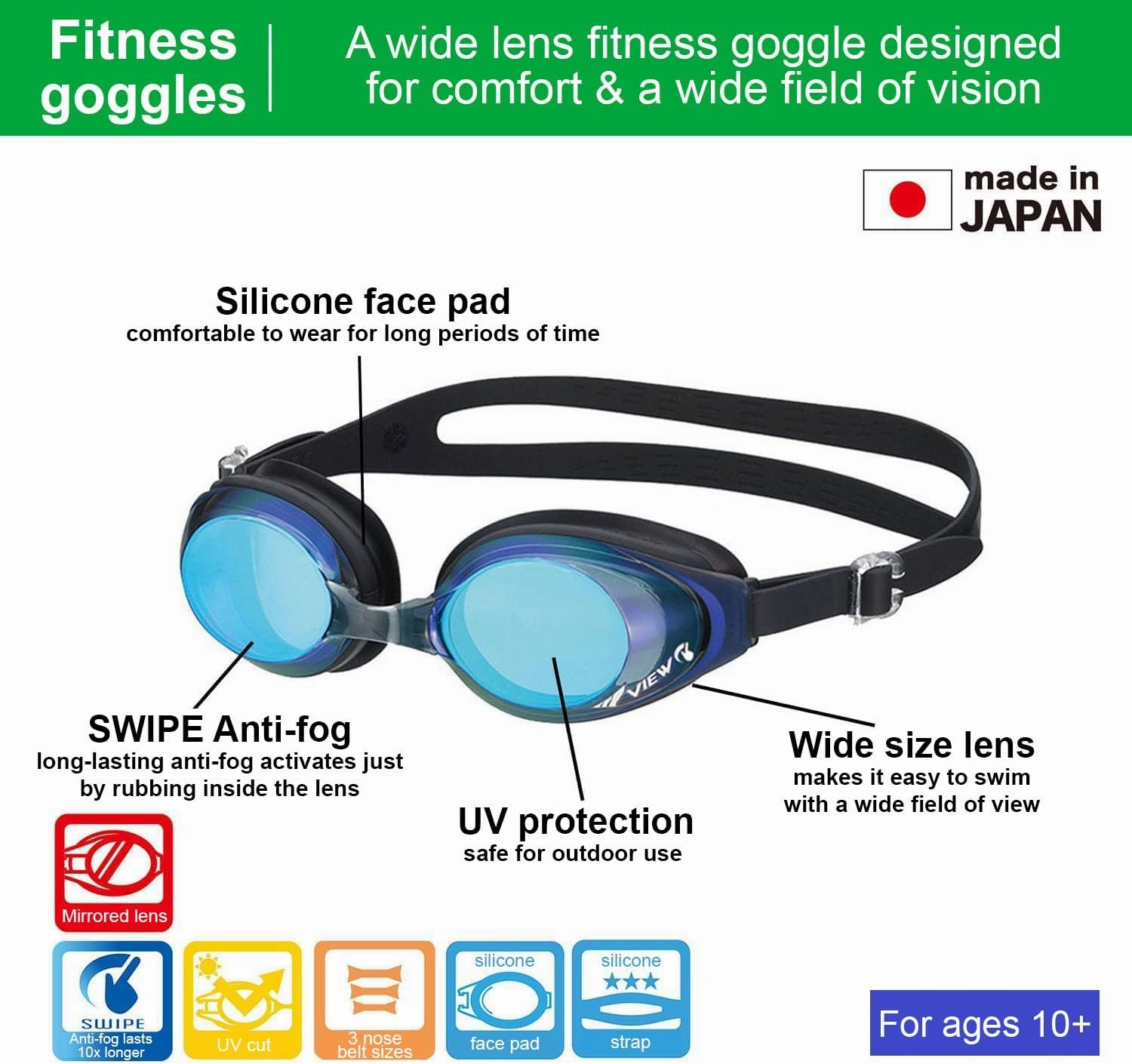 VIEW Swimming Gear V-630ASA SWIPE Fitness Swim Goggles