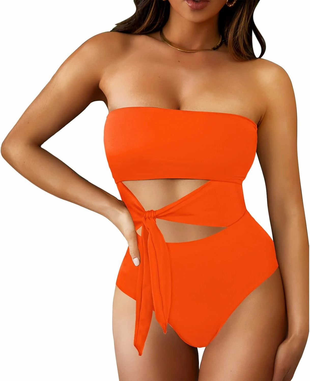Viottiset Women's Bandeau One Piece Swimsuit Strapless Tie High Cut Out Bathing Suit