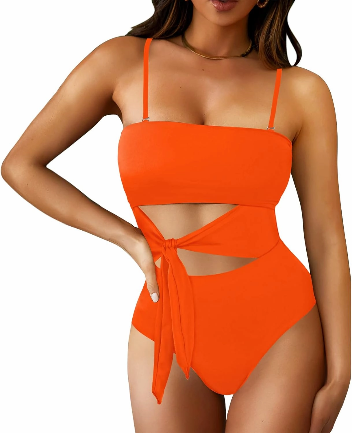 Viottiset Women's Bandeau One Piece Swimsuit Strapless Tie High Cut Out Bathing Suit