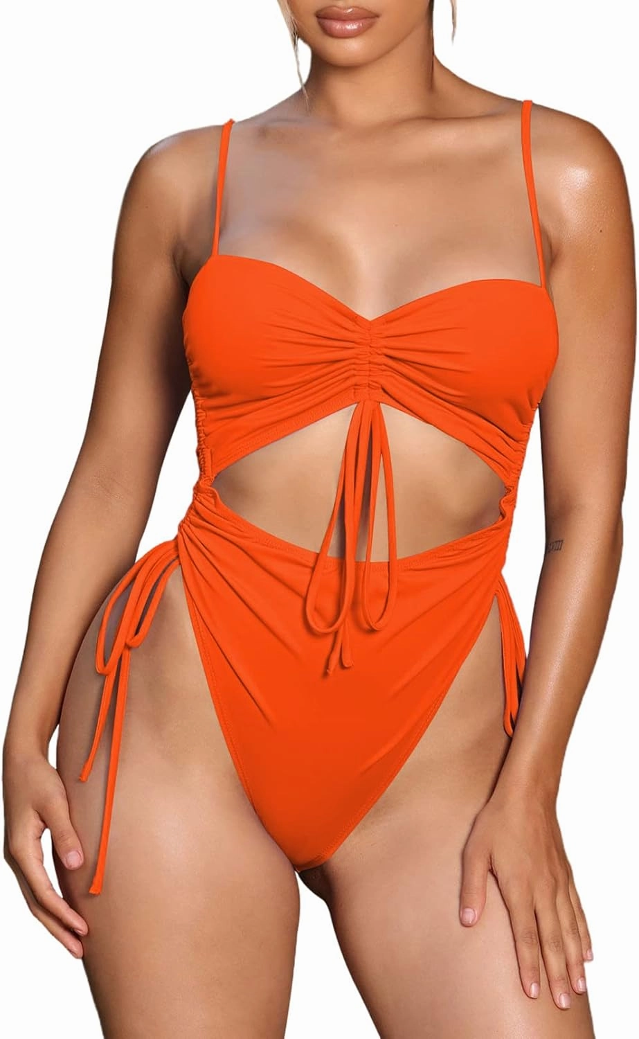 Viottiset Women's Cut Out Drawstring One Piece Swimsuit Cheeky High Cut Bathing Suit