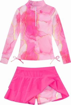 Vogseek 3-12T Girls Rash Guard 2 Pieces Bathing Suit Long Sleeve Swimsuit Swimming Skirt with Shorts Swimwear
