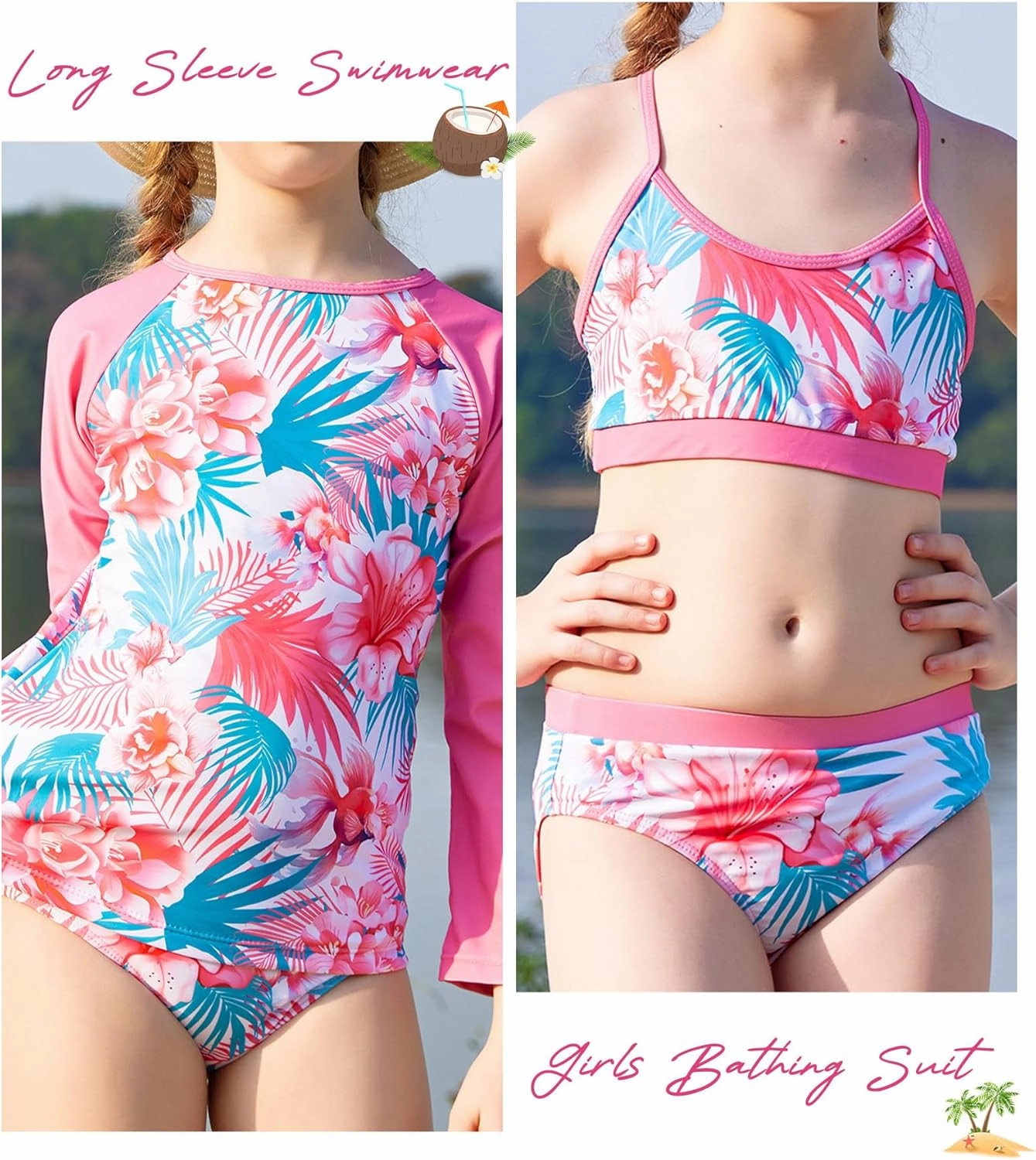 Vogseek 7-13T Girls 3pcs Bikini Swimwear with Long Sleeve Rashguard Shirts Quick Dry Swimsuits UPF 50  Bathing Suits