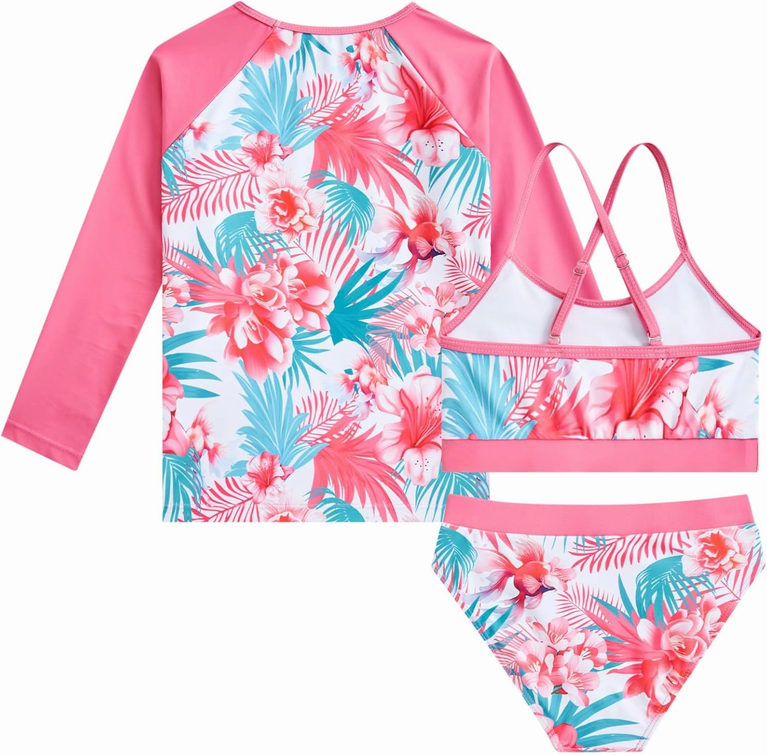 Vogseek 7-13T Girls 3pcs Bikini Swimwear with Long Sleeve Rashguard Shirts Quick Dry Swimsuits UPF 50  Bathing Suits