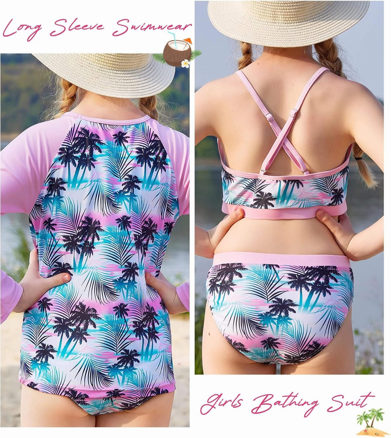 Vogseek 7-13T Girls 3pcs Bikini Swimwear with Long Sleeve Rashguard Shirts Quick Dry Swimsuits UPF 50  Bathing Suits