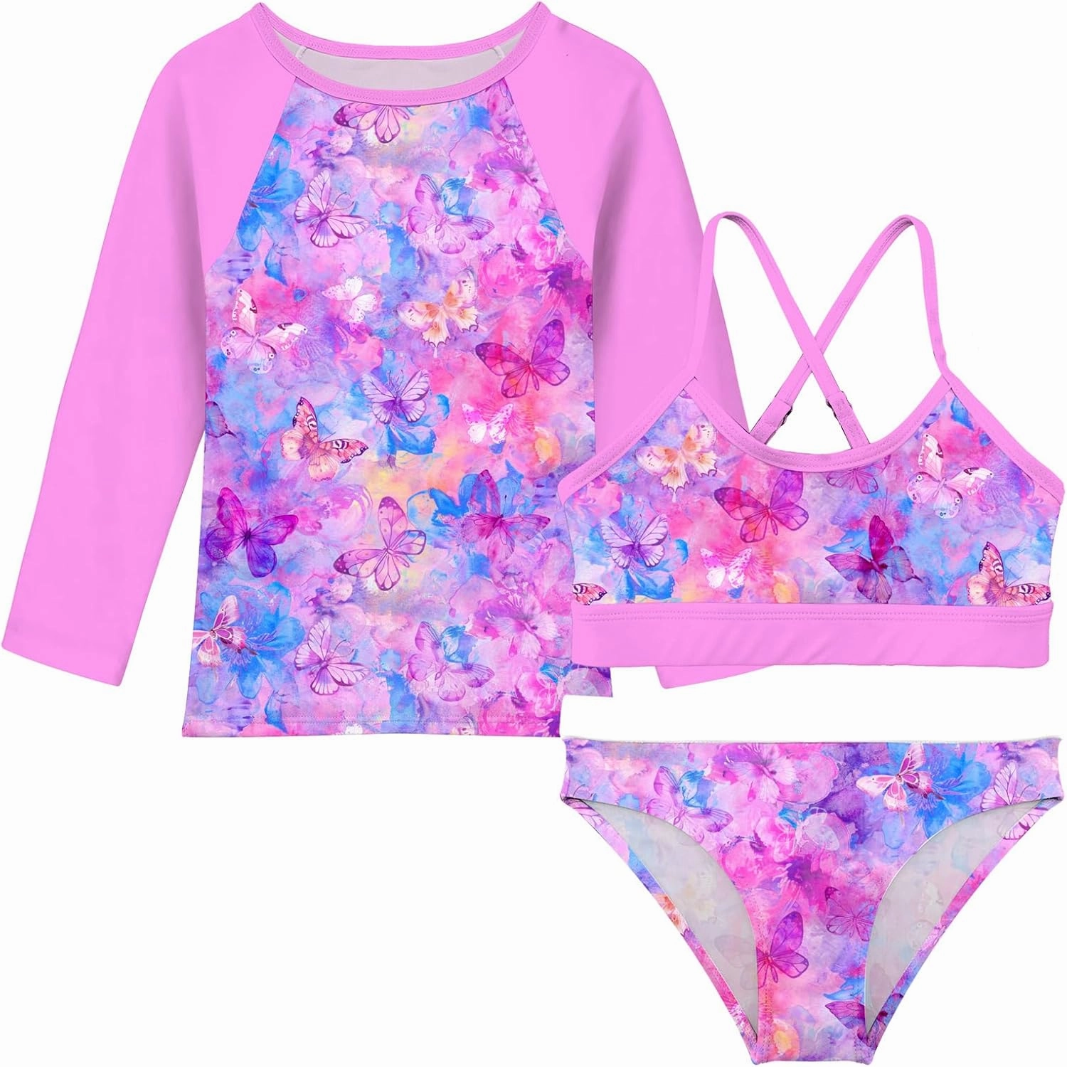 Vogseek 7-13T Girls 3pcs Bikini Swimwear with Long Sleeve Rashguard Shirts Quick Dry Swimsuits UPF 50  Bathing Suits