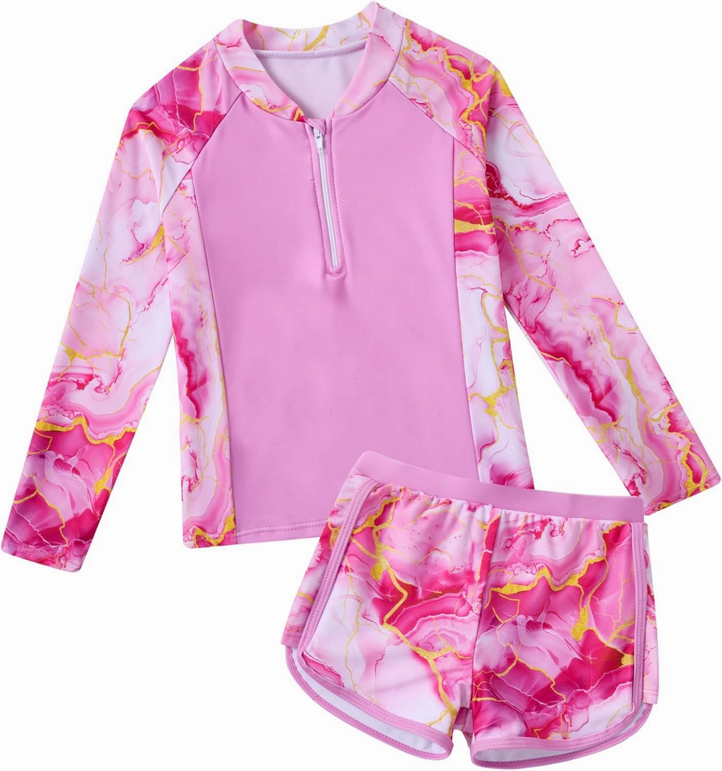 Vogseek Girls Swimsuits 5-9 Years 2 Piece Zip Rashguard Sets Long Sleeve Bathing Suit
