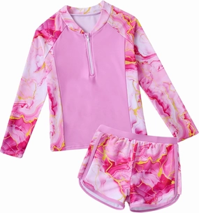 Vogseek Girls Swimsuits 5-9 Years 2 Piece Zip Rashguard Sets Long Sleeve Bathing Suit