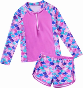 Vogseek Girls Swimsuits 5-9 Years 2 Piece Zip Rashguard Sets Long Sleeve Bathing Suit