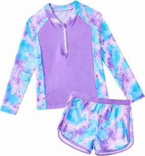 Vogseek Girls Swimsuits 5-9 Years 2 Piece Zip Rashguard Sets Long Sleeve Bathing Suit