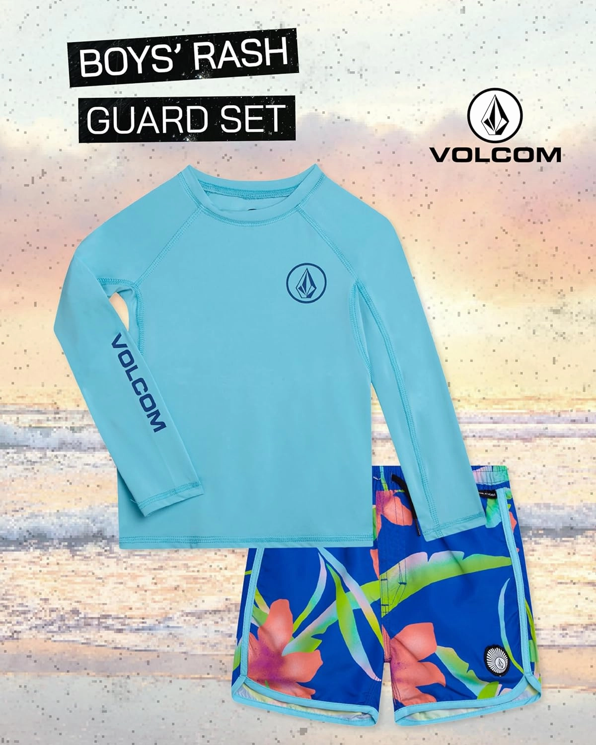 Volcom Baby Boys Swim Set - 2 Piece Long Sleeve Swim Shirt Graphic Tees & Board Shorts, Infant Toddler Little Boys Swimsuit