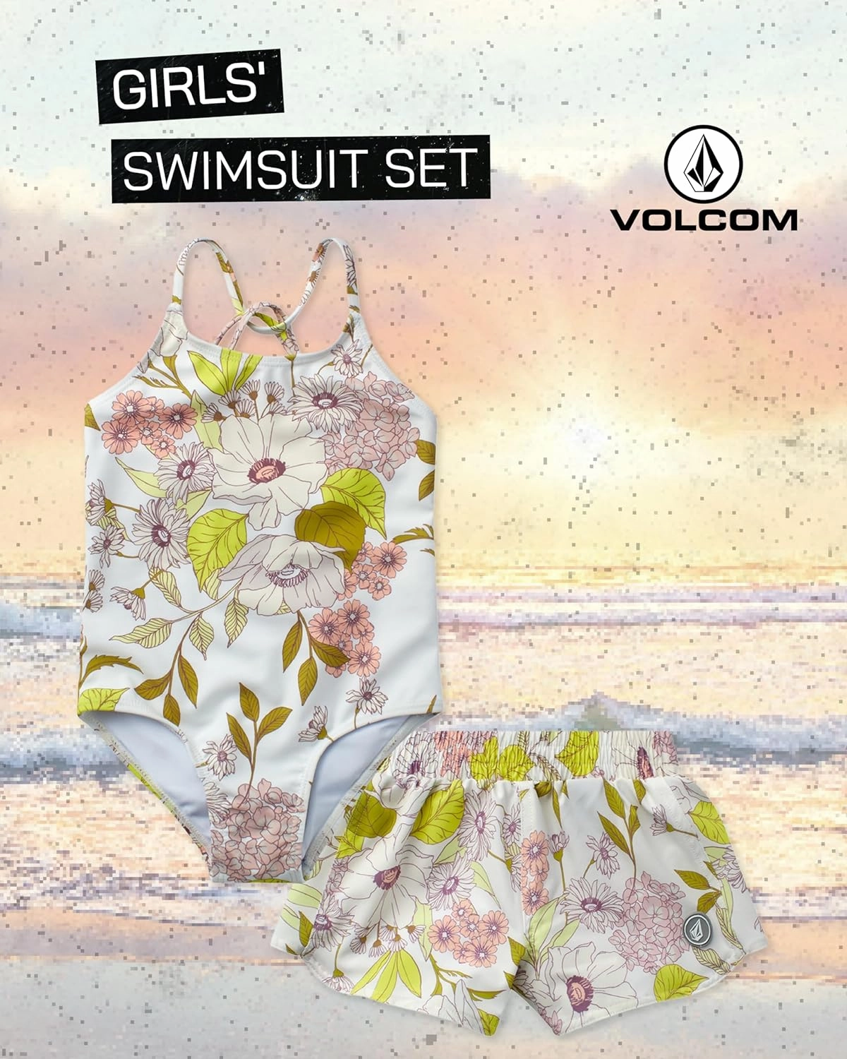 Volcom Girls' Swimsuit Set - UPF50  Quick-Dry Girls One Piece Swimsuits with Matching Swim Shorts for Swimming (Sizes: 2T-16)