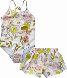 Volcom Girls' Swimsuit Set - UPF50  Quick-Dry Girls One Piece Swimsuits with Matching Swim Shorts for Swimming (Sizes: 2T-16)