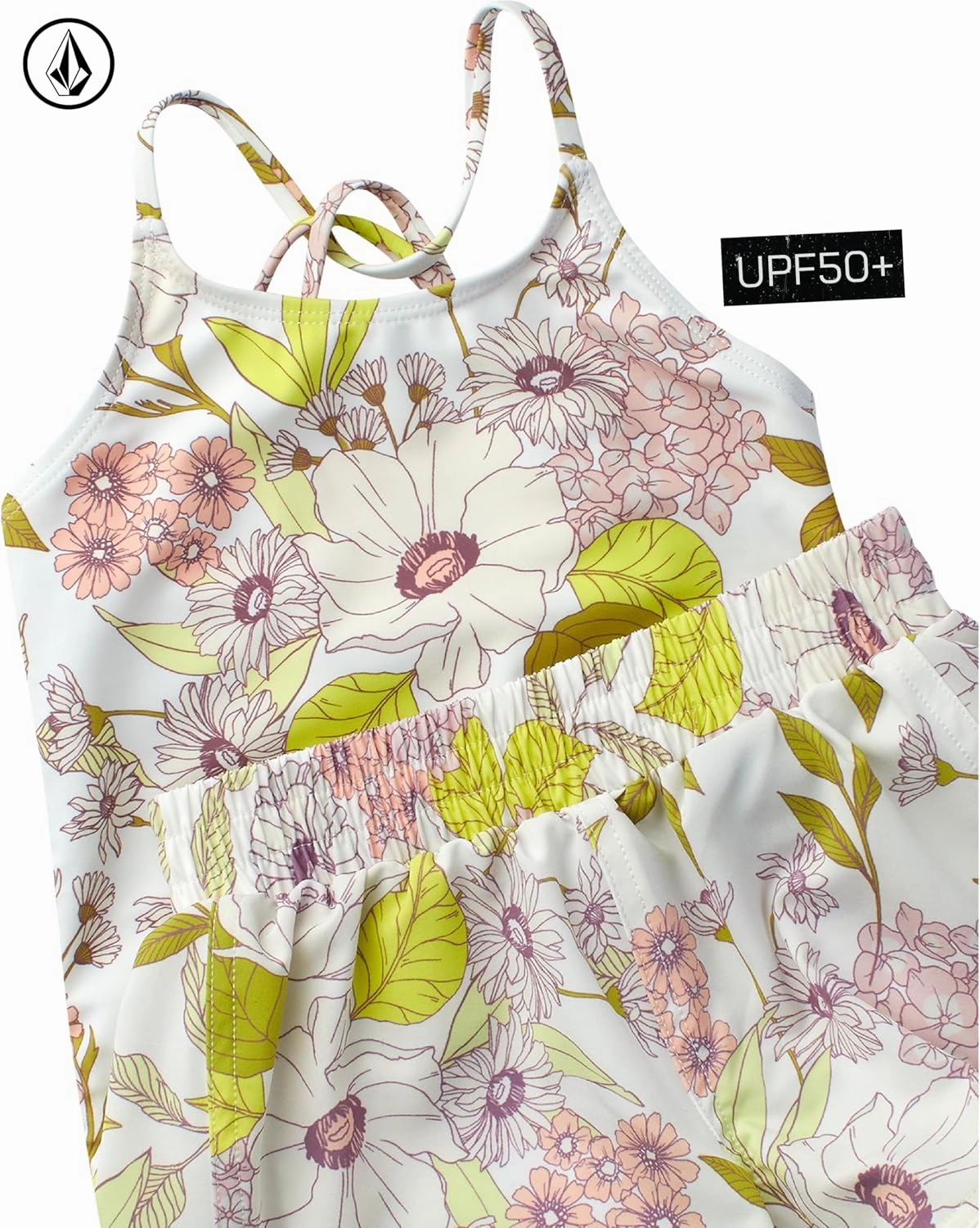 Volcom Girls' Swimsuit Set - UPF50  Quick-Dry Girls One Piece Swimsuits with Matching Swim Shorts for Swimming (Sizes: 2T-16)