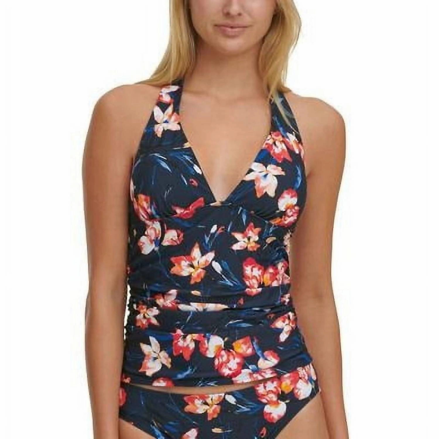 Water Iris Floral Print Tankini Swim Top In Navy