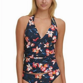 Water Iris Floral Print Tankini Swim Top In Navy