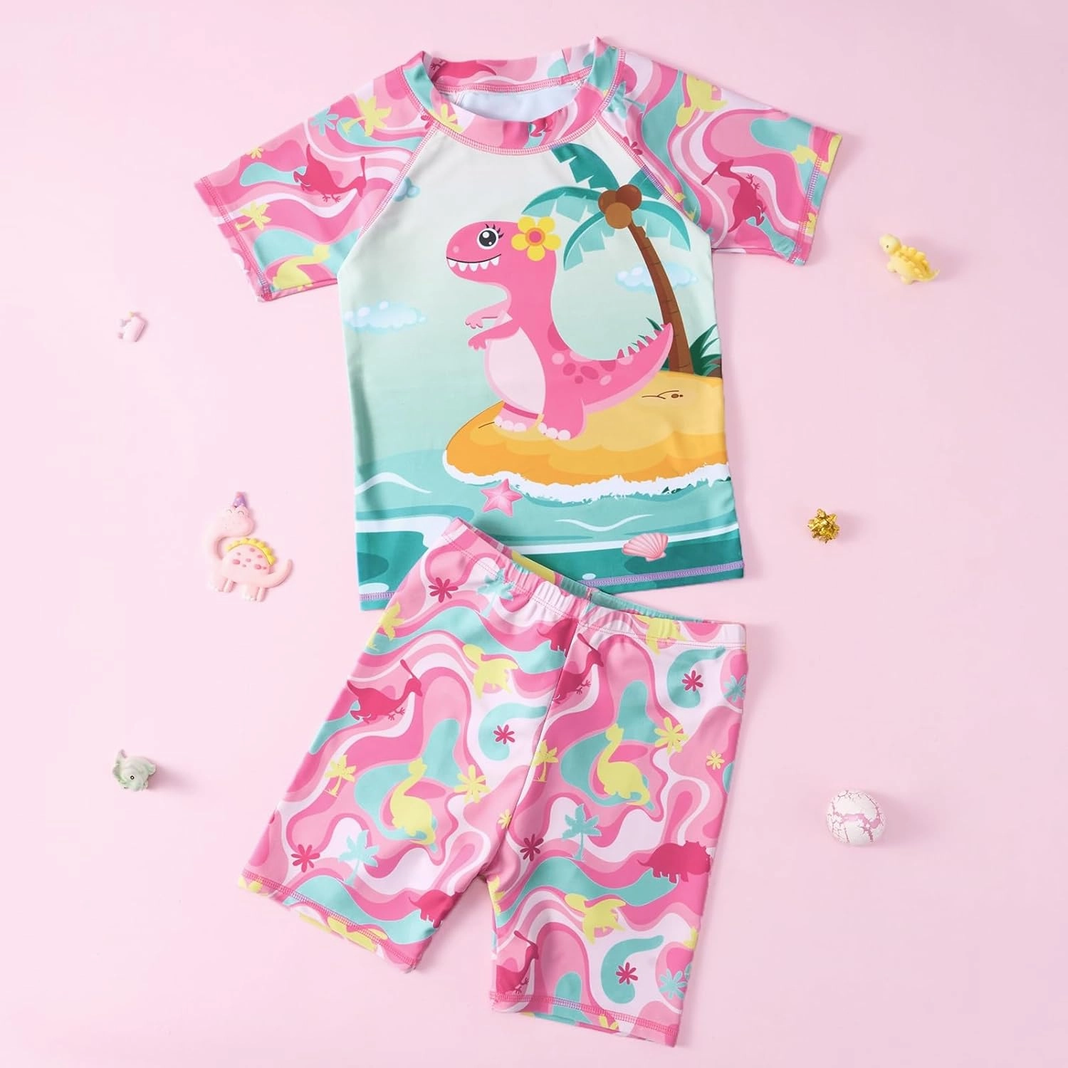 WAWSAM 2 Pieces Girls Rash Guard Toddler Swimsuit Girl Swimsuit Short Sleeve Bathing Suit for 3-6 Years