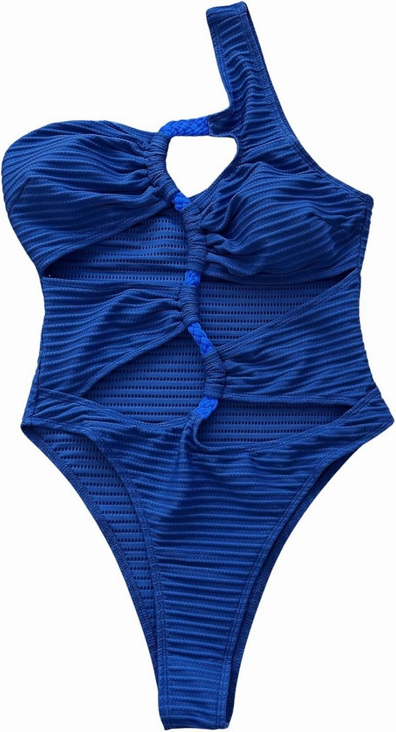 WDIRARA Women's Cut Out One Shoulder Swimsuit Bikini Hollow Out Ruched High Cut One Piece Swimsuit