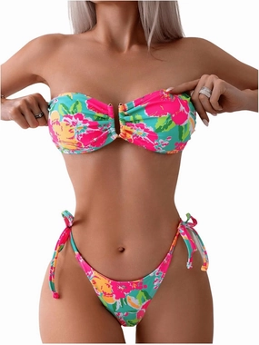 WDIRARA Women's Floral Print Bandeau Tie Side Bikini Set Strapless Swimsuit Two Piece Bathing Suit