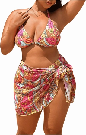 WDIRARA Women's Plus Size 3 Pieces Bikini Set Boho Print Halter Swimsuit Bathing Suit with Cover Up Skirt