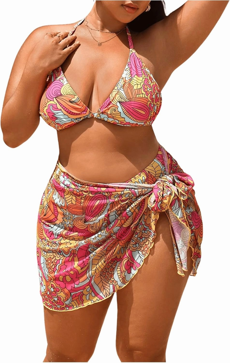 WDIRARA Women's Plus Size 3 Pieces Bikini Set Boho Print Halter Swimsuit Bathing Suit with Cover Up Skirt