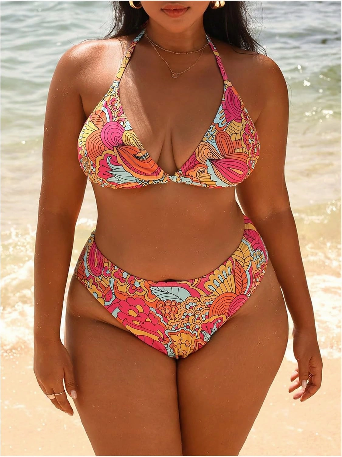 WDIRARA Women's Plus Size 3 Pieces Bikini Set Boho Print Halter Swimsuit Bathing Suit with Cover Up Skirt