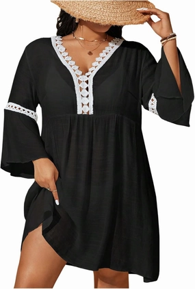 WDIRARA Women's Plus Size Boho Half Sleeve Cover Up V Neck Swimsuit Bikini Beach Dress