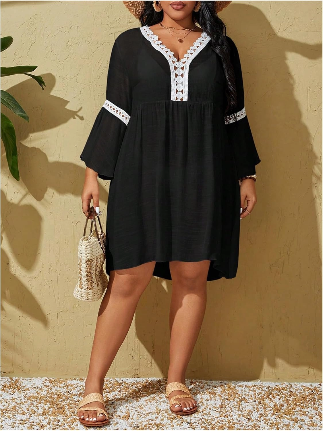 WDIRARA Women's Plus Size Boho Half Sleeve Cover Up V Neck Swimsuit Bikini Beach Dress