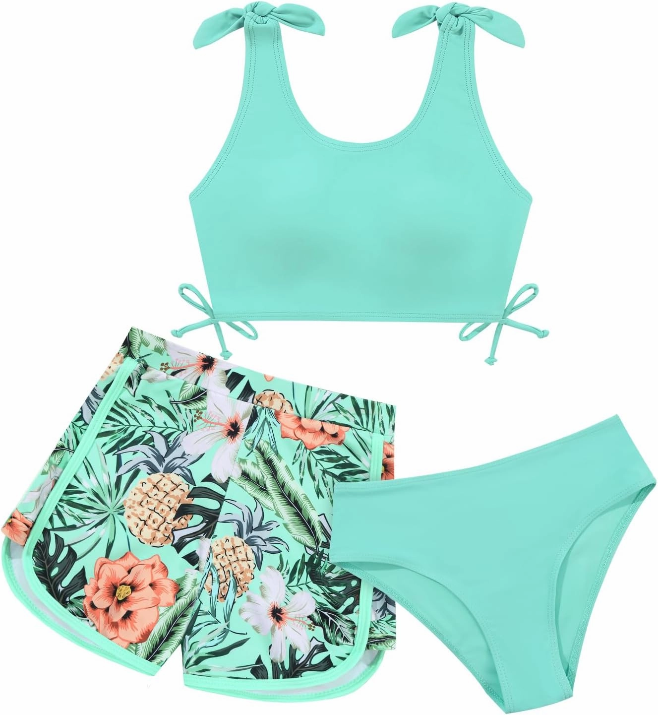 Weixinbuy Girls Swimsuit Bikini Set 3 Piece Kids Tropical Print Swimwear with Shorts Bathing Suit for Teens 9-16 Years