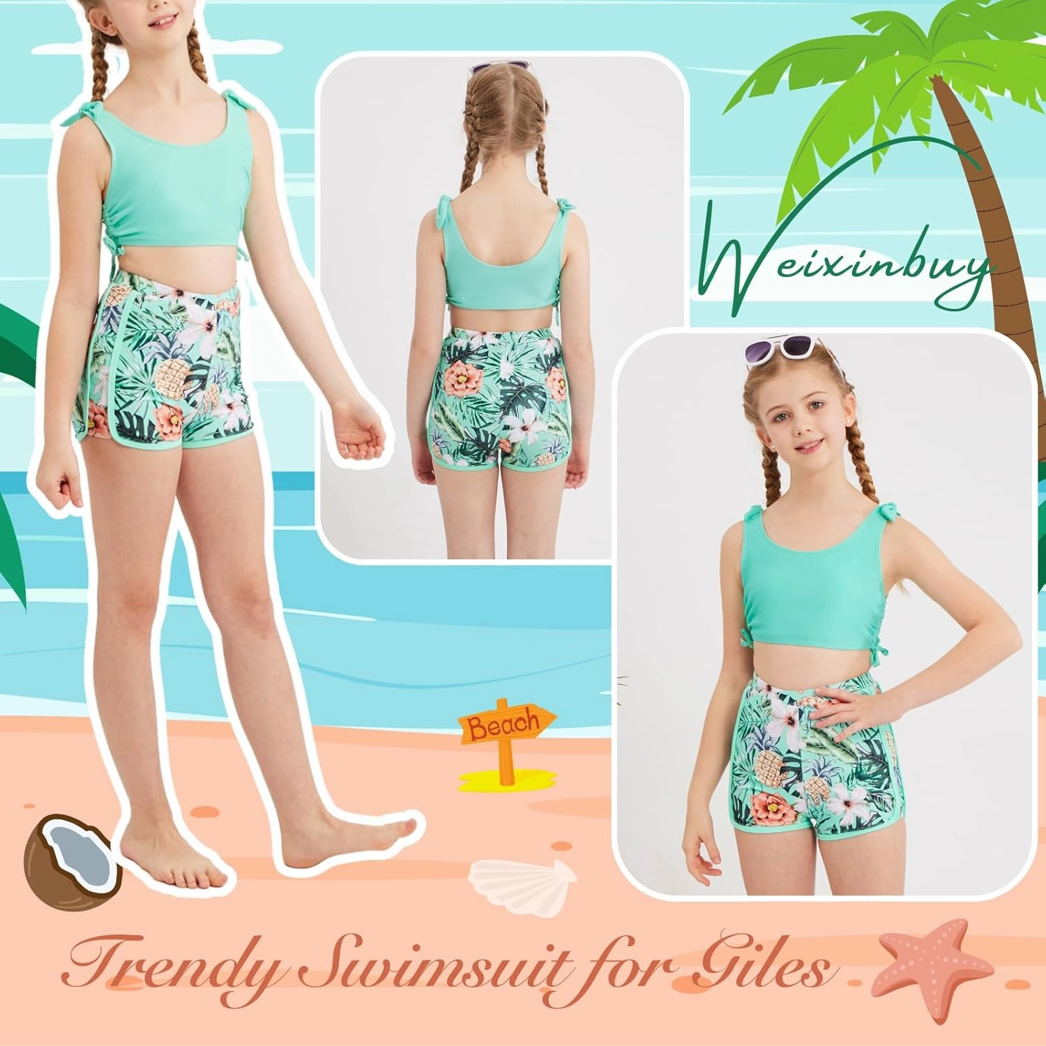 Weixinbuy Girls Swimsuit Bikini Set 3 Piece Kids Tropical Print Swimwear with Shorts Bathing Suit for Teens 9-16 Years