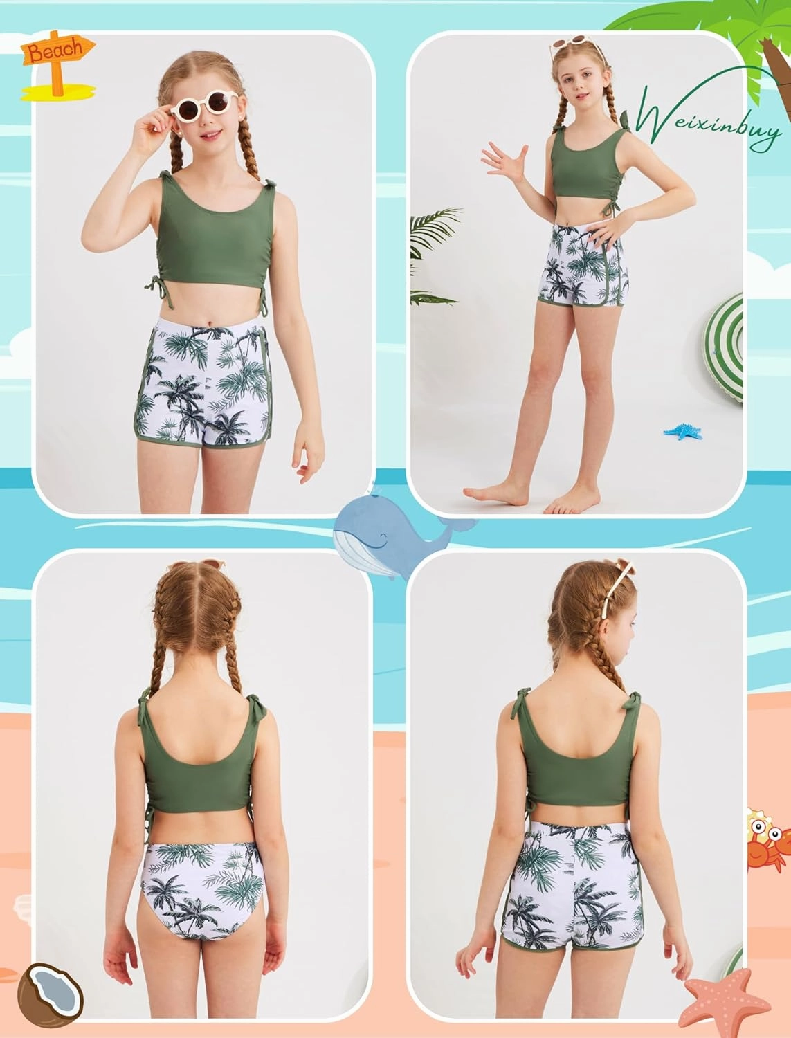 Weixinbuy Girls Swimsuit Bikini Set 3 Piece Kids Tropical Print Swimwear with Shorts Bathing Suit for Teens 9-16 Years