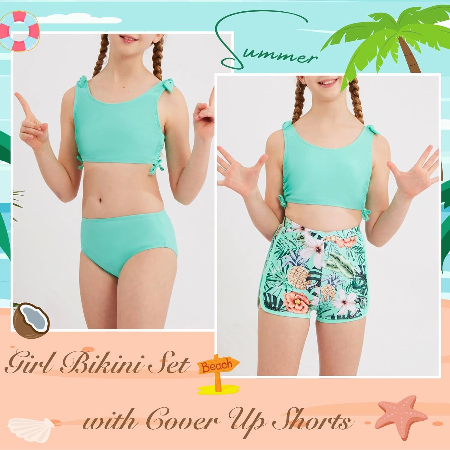 Weixinbuy Girls Swimsuit Bikini Set 3 Piece Kids Tropical Print Swimwear with Shorts Bathing Suit for Teens 9-16 Years