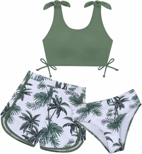 Weixinbuy Girls Swimsuit Bikini Set 3 Piece Kids Tropical Print Swimwear with Shorts Bathing Suit for Teens 9-16 Years