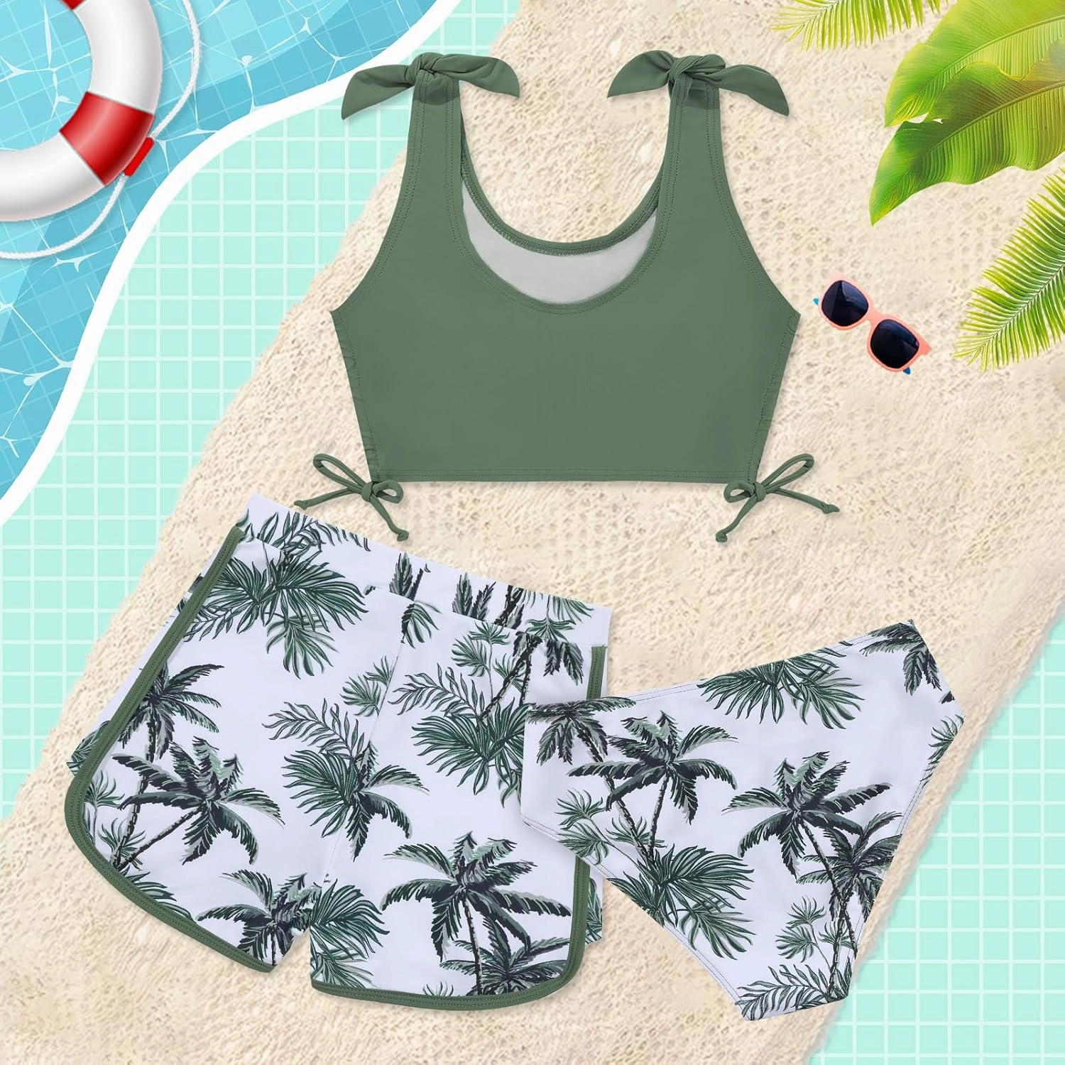 Weixinbuy Girls Swimsuit Bikini Set 3 Piece Kids Tropical Print Swimwear with Shorts Bathing Suit for Teens 9-16 Years