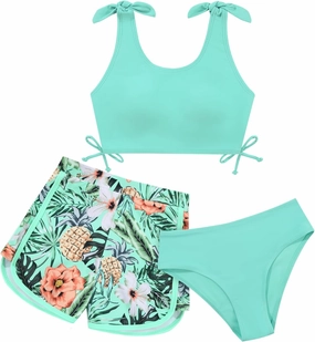 Weixinbuy Girls Swimsuit Bikini Set 3 Piece Kids Tropical Print Swimwear with Shorts Bathing Suit for Teens 9-16 Years