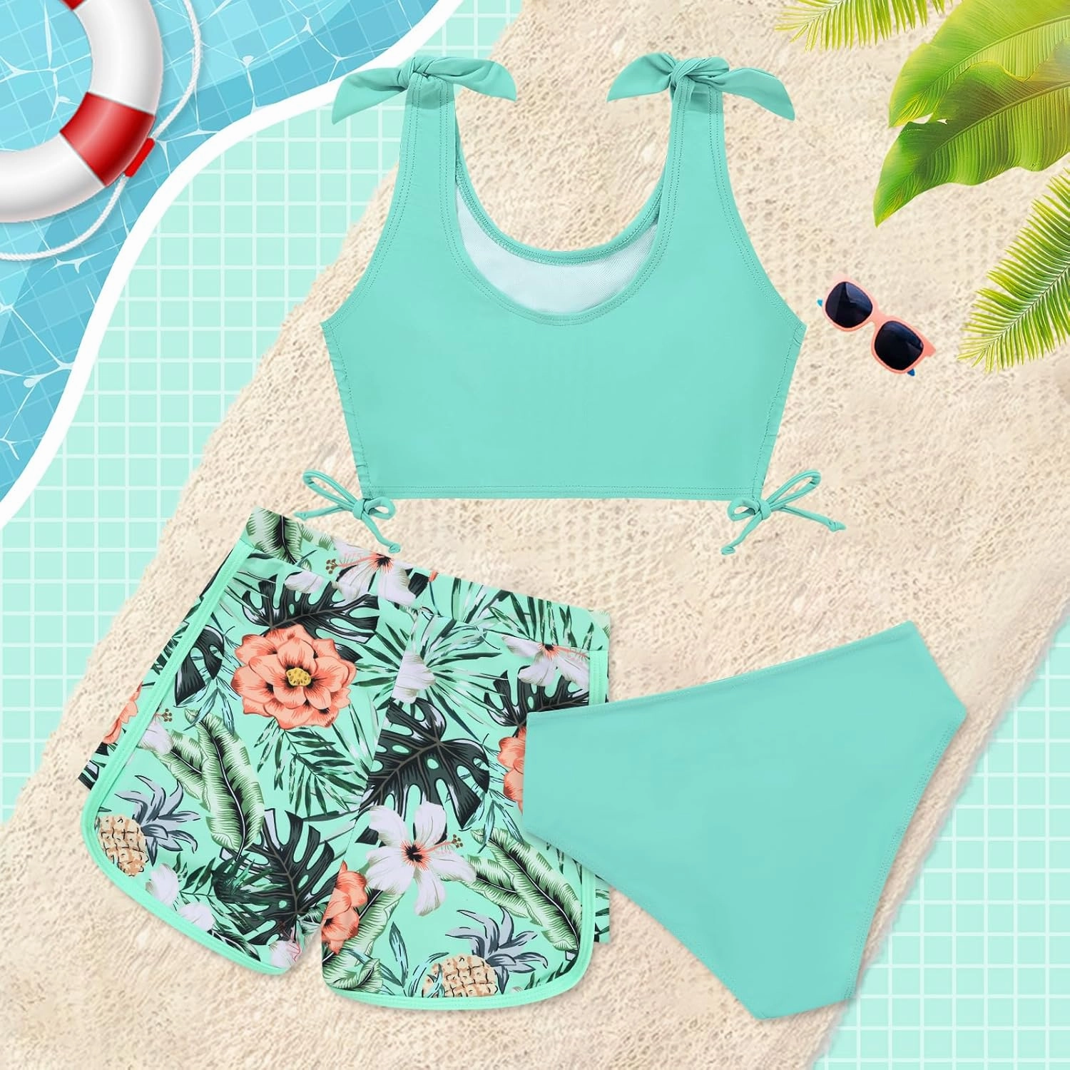 Weixinbuy Girls Swimsuit Bikini Set 3 Piece Kids Tropical Print Swimwear with Shorts Bathing Suit for Teens 9-16 Years