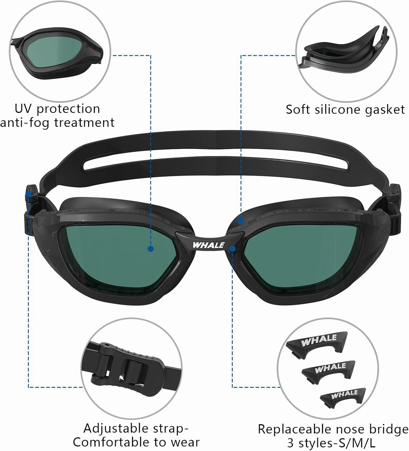 Whale Adult Swimming Goggles - 100% UV and Anti-fog - Ultra Soft Silicone Seal for Men/Ladies