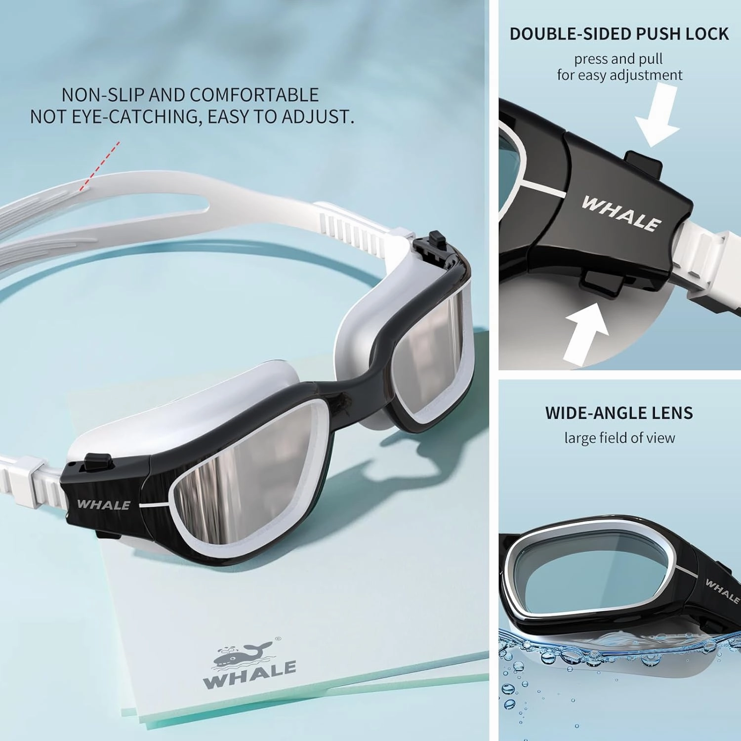 Whale Polarized Swim Goggles, GE Anti-Fog Anti-UV Protection No Leaking Swimming Pool Goggles for Men, Women, and Youth