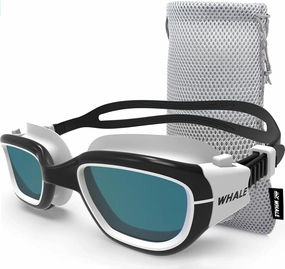 Whale Swim Goggles-A2 GE Patented Upgraded Polarized Swimming Goggles Anti-Fog Anti-UV for Adult Men Women Youth (Plane mirror, Black and white frame)