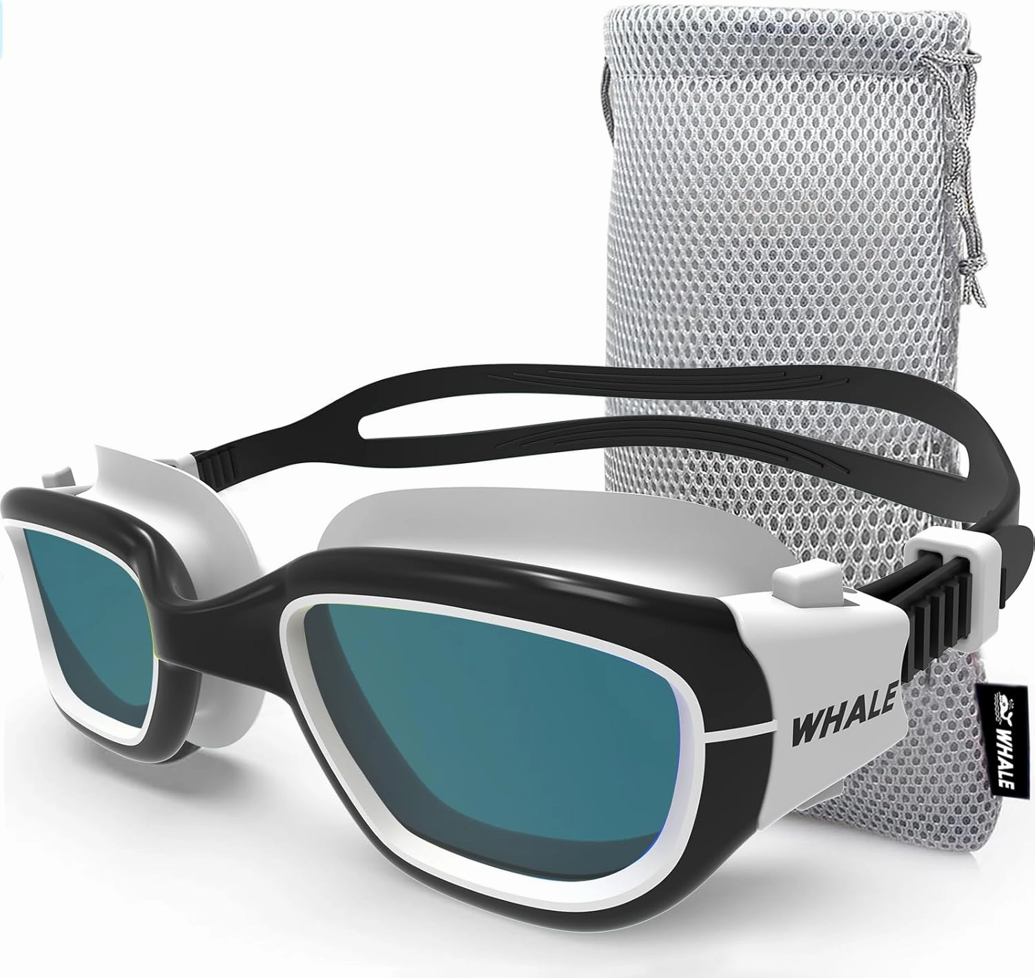 Whale Swim Goggles-A2 GE Patented Upgraded Polarized Swimming Goggles Anti-Fog Anti-UV for Adult Men Women Youth (Plane mirror, Black and white frame)
