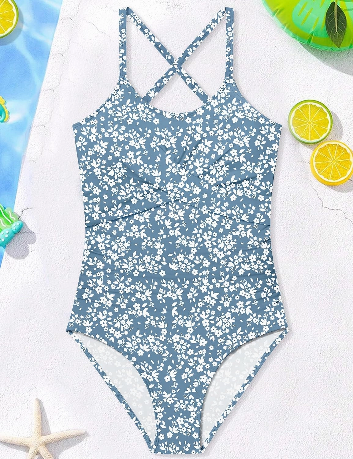 WIQI Girls Swimsuit Criss Cross Ruched One Piece Bathing Suit for Girls Adjustable Tie Back Swimwear 9-16Y