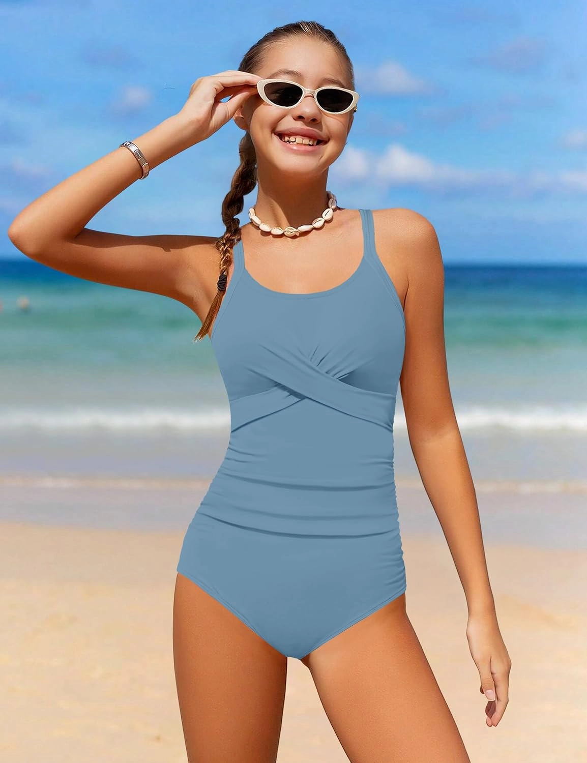 WIQI Girls Swimsuit Criss Cross Ruched One Piece Bathing Suit for Girls Adjustable Tie Back Swimwear 9-16Y